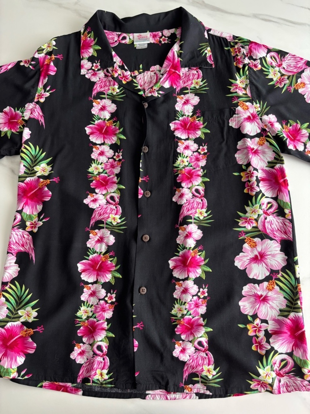 Black Hawaiian Shirt with Pink Floral & Flamingo Print Sz M